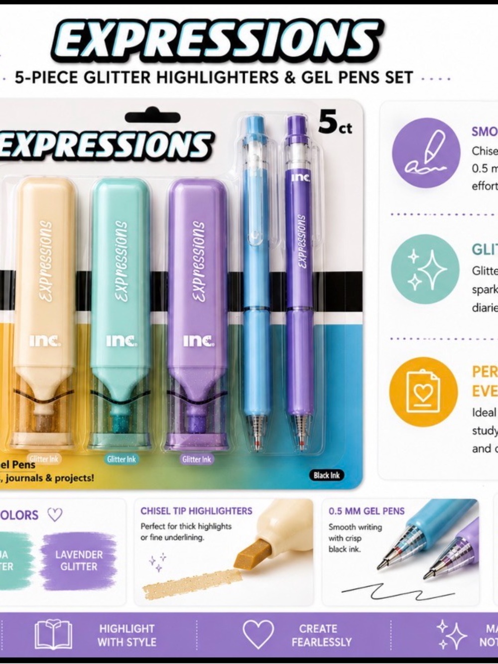 5 pieces glitter highlighters & gel pens set